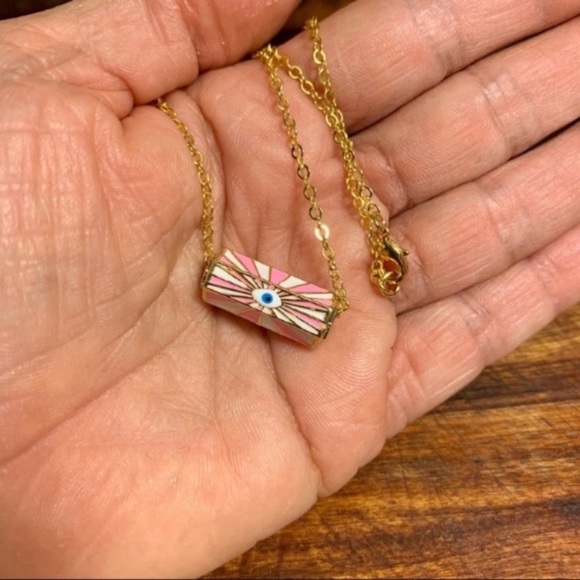 Evil Eye Charm Necklace in Pink White and Gold 18k GF Chain - Picture 6 of 7